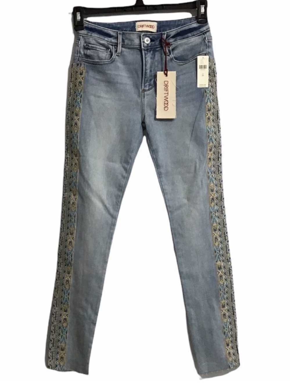 DRIFTWOOD Jackie Light Blue Skinny Jeans Embroidered Side Panels New Size 26
